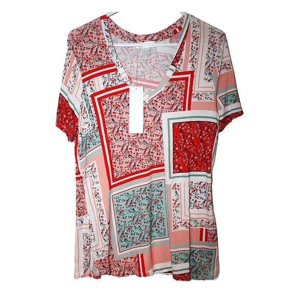 Renuar Women's S Soft Bamboo Top Short Sleeve Floral Deep V-Neck Shirt MSRP $98 - Picture 1 of 3